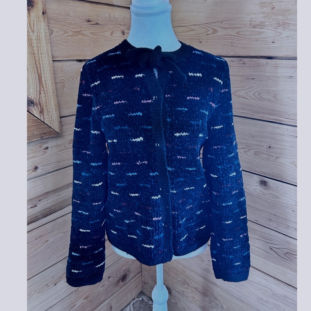 Vintage Chenille Knit Bow‎ Tie Cardigan Navy Blue Multi Color Dash Sweater